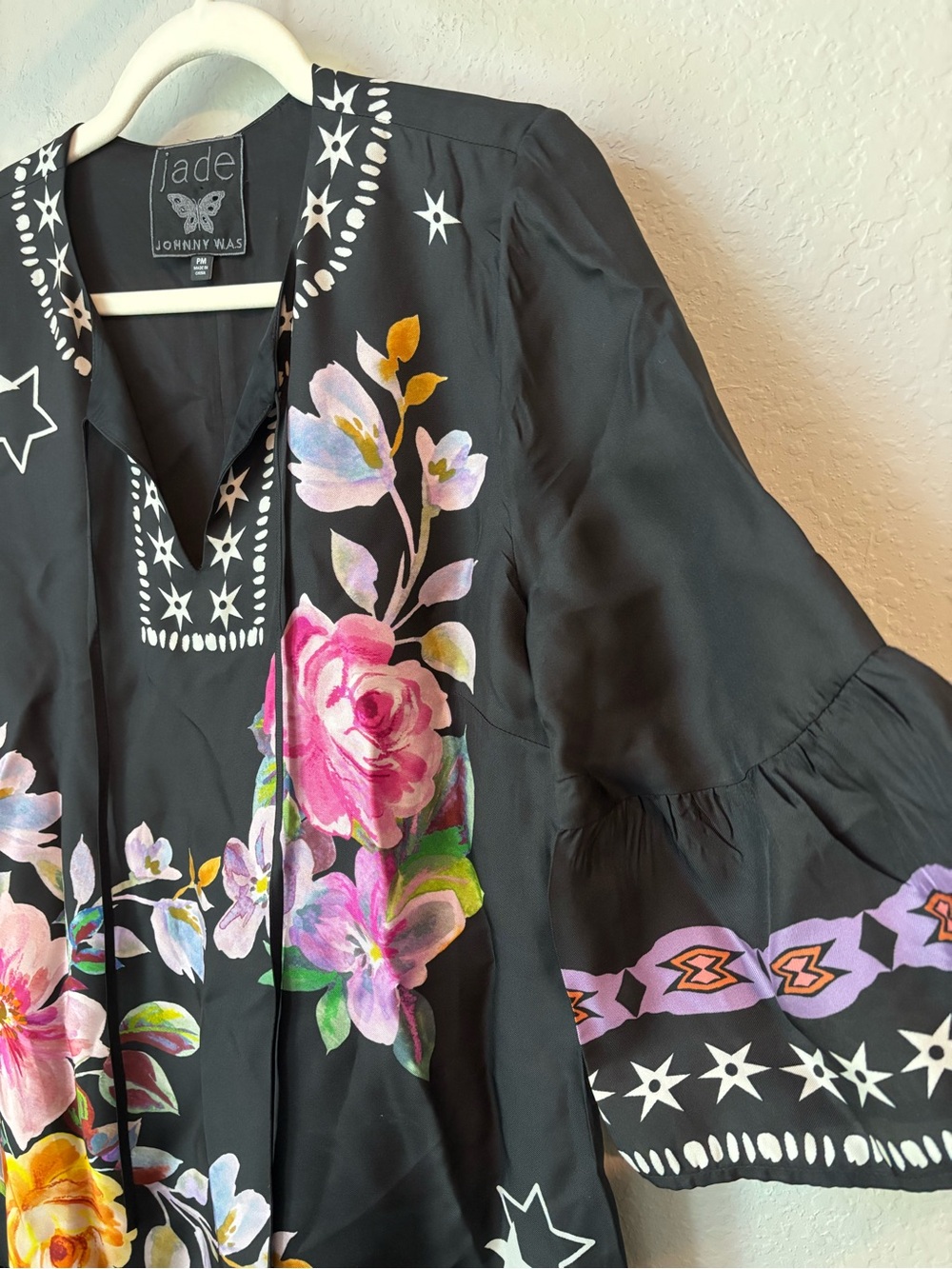 Johnny Was Jade Hailee Western Kasumi Black Floral Silk Flounce Shift Dress - Picture 8 of 9